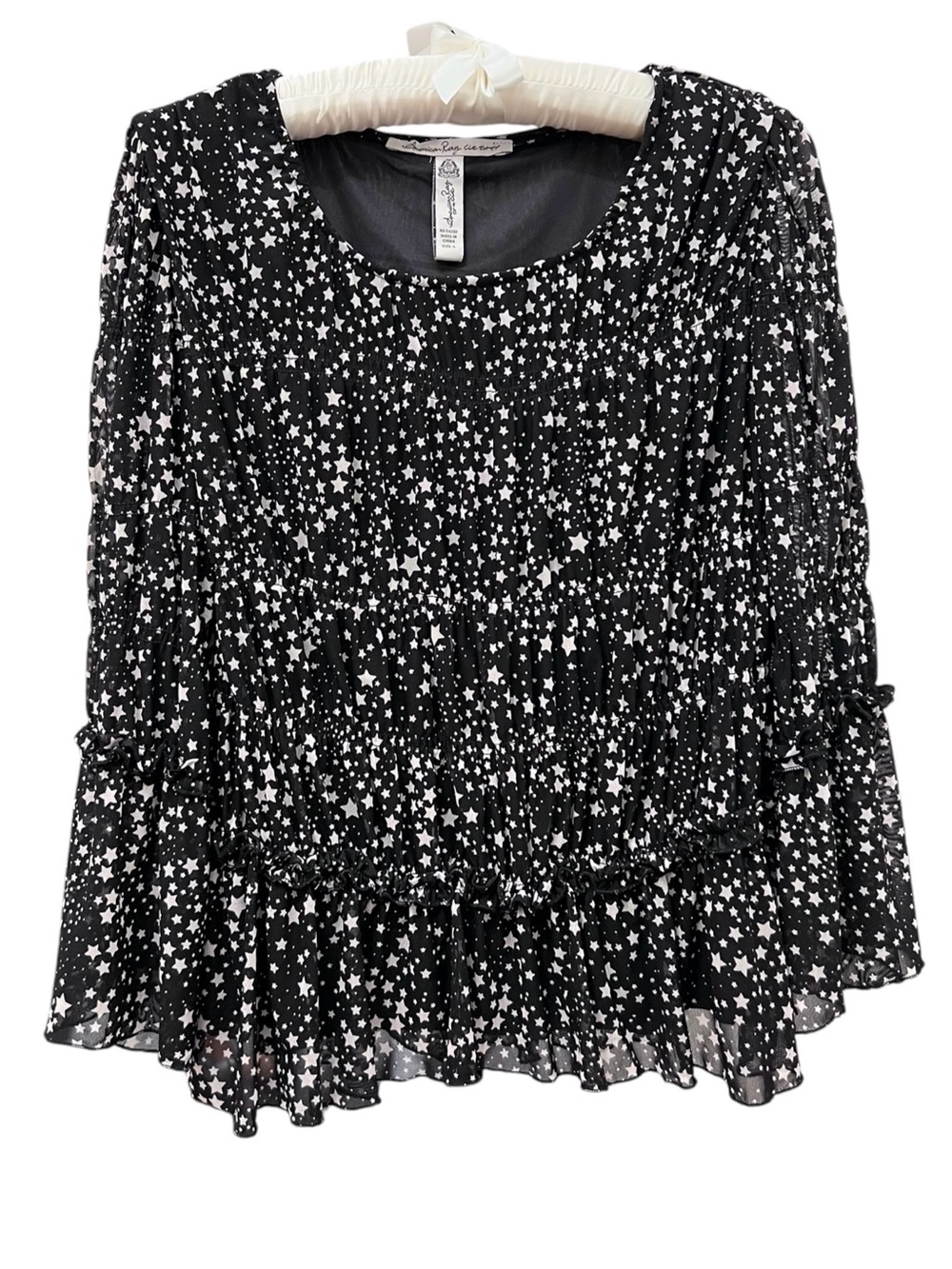 American Rag Black White Stars Mesh Smocked Celestial Top Size Large
